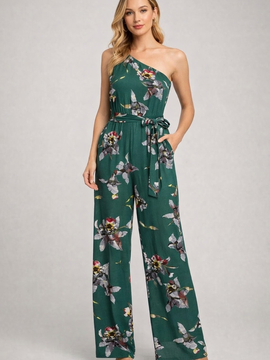 New York & Company Pants - New York & Company Green Floral One-Shoulder Jumpsuit